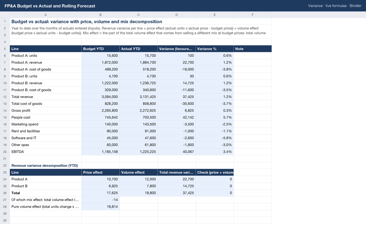 FP&A Budget vs Actual and Rolling Forecast sheet preview 1
