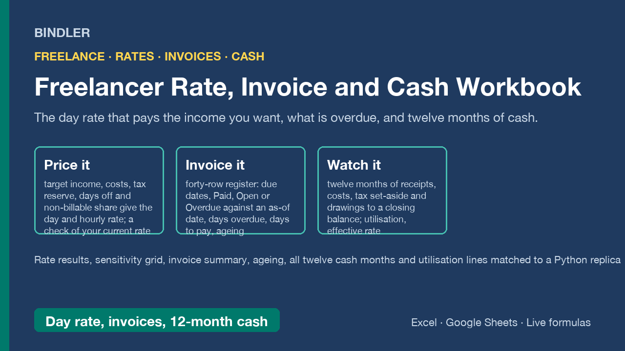 Freelancer Rate, Invoice and Cash Workbook: day rate from target income, invoice register with ageing, 12-month cash, verified cover