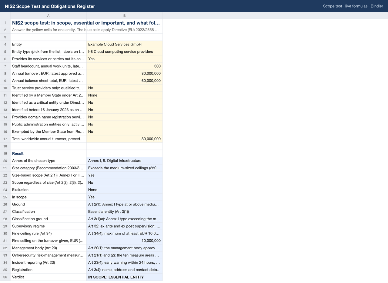 NIS2 Scope Test and Obligations Register sheet preview 1