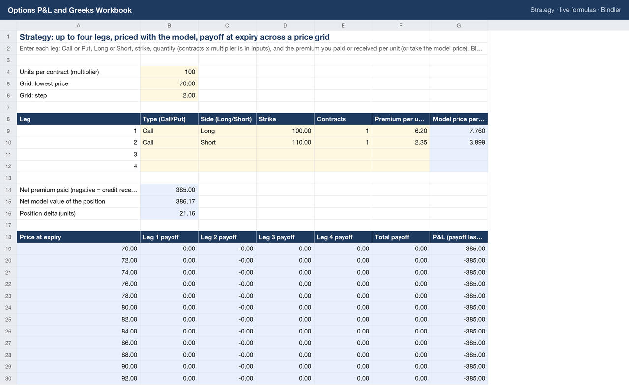 Options P&L and Greeks Workbook sheet preview 2