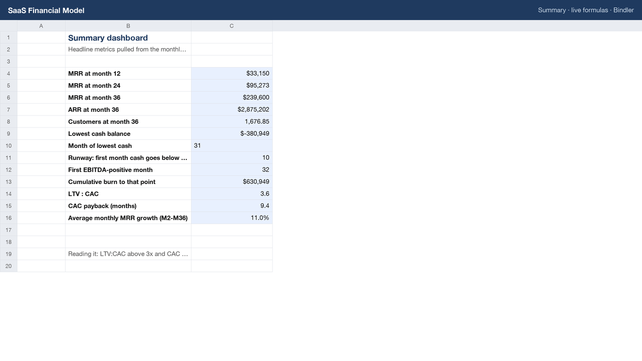 SaaS Financial Model, 36 Months sheet preview 1