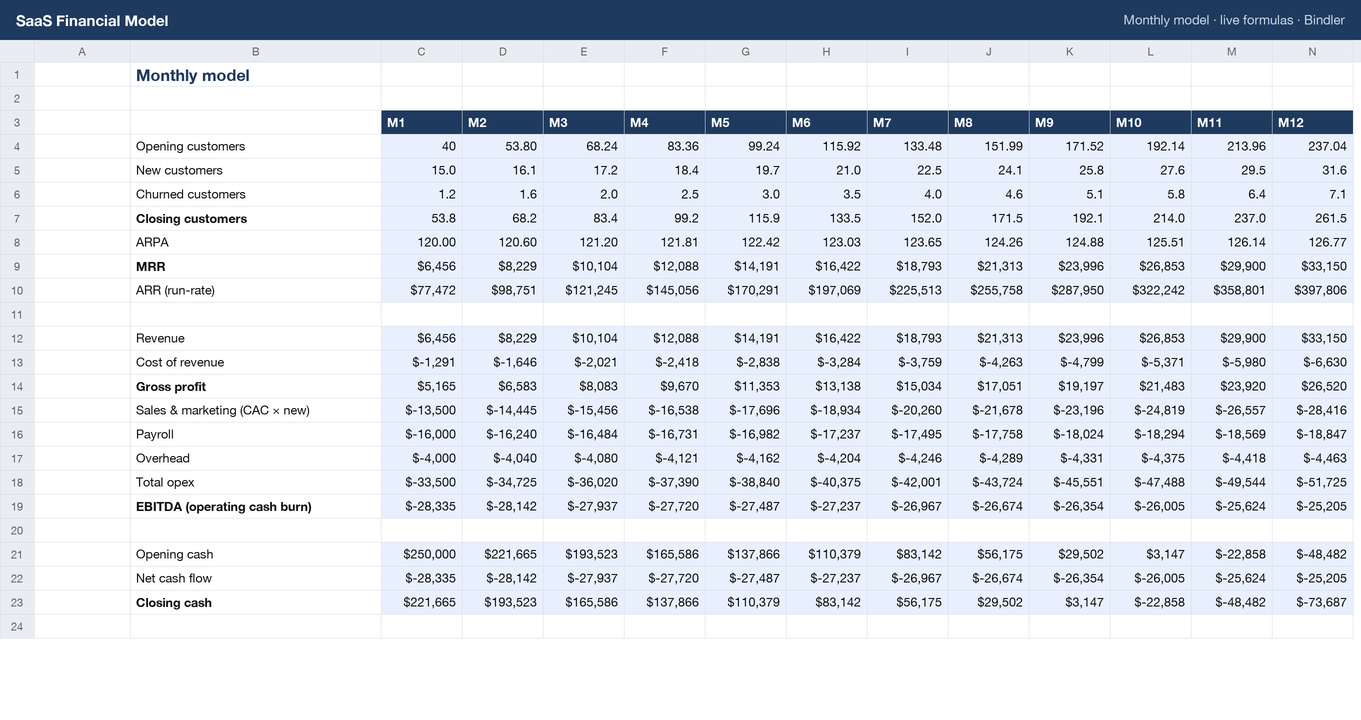 SaaS Financial Model, 36 Months sheet preview 2
