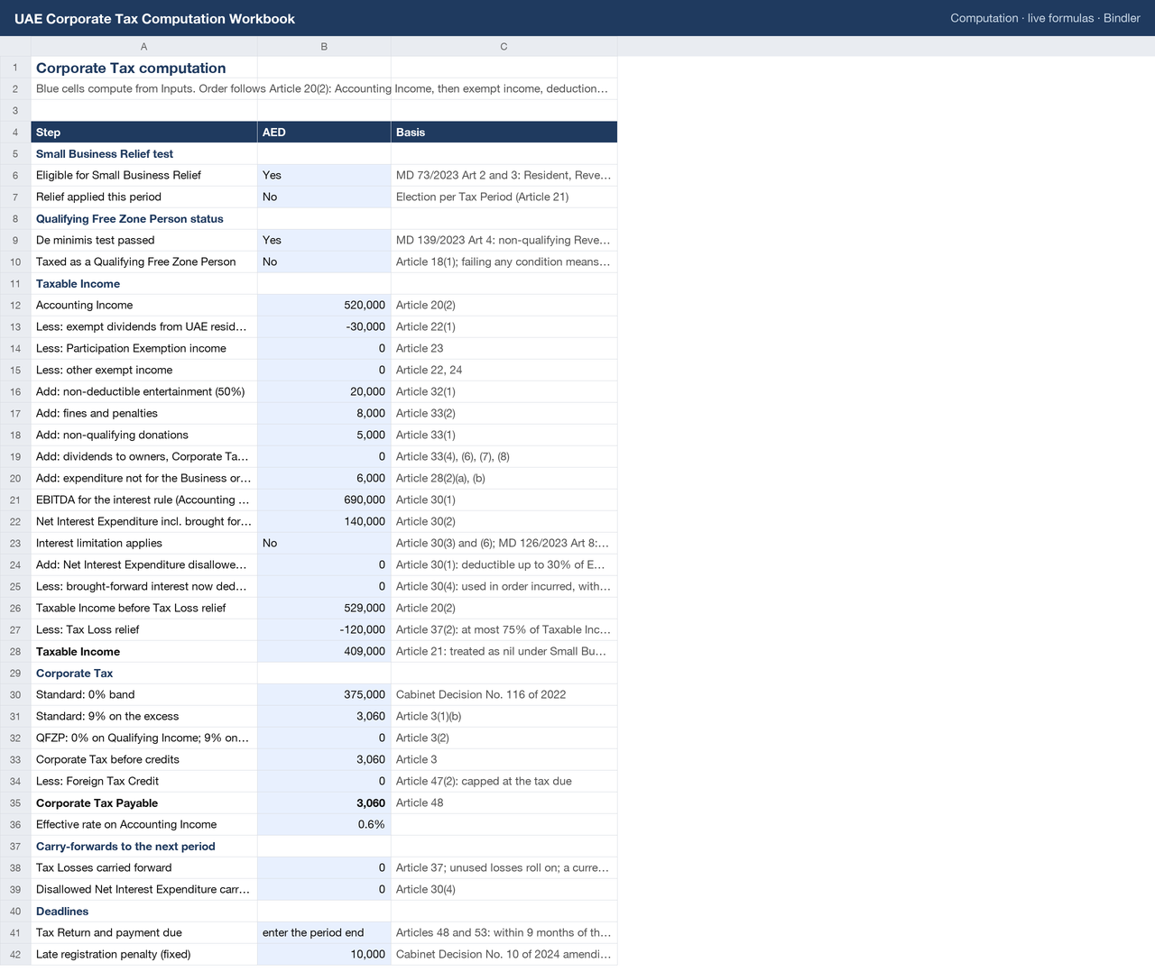 UAE Corporate Tax Computation Workbook sheet preview 1