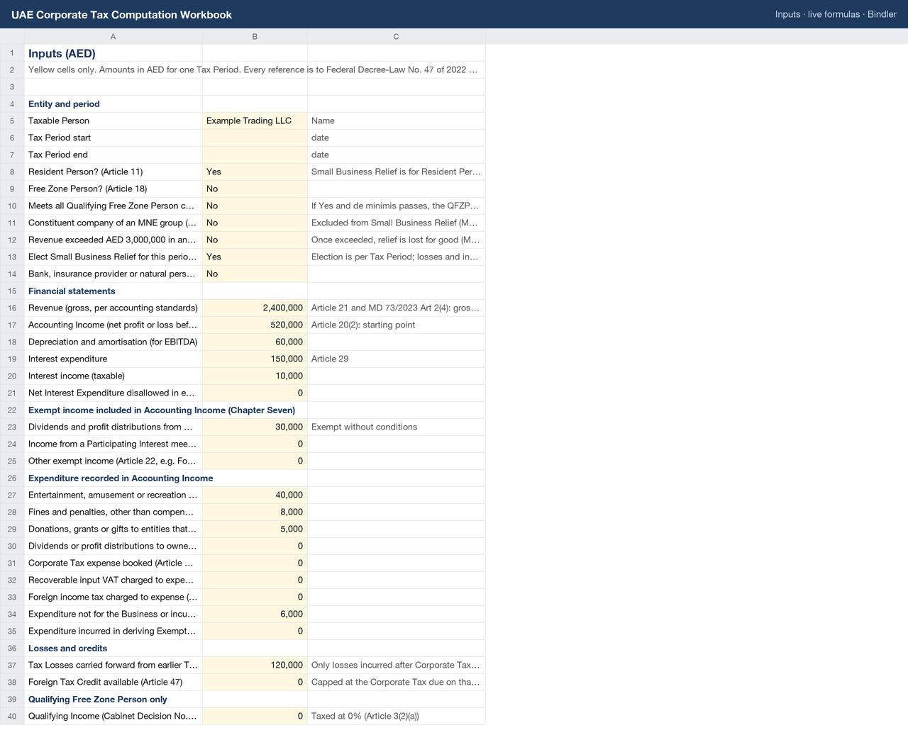 UAE Corporate Tax Computation Workbook sheet preview 2
